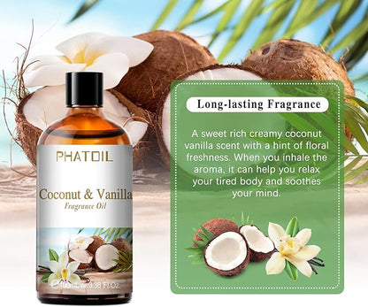 PHATOIL 3.38FL.OZ Coconut & Vanilla Fragrance Oils for Aromatherapy, Long Lasting Scented Oils for Home, Perfect for Diffuser, Yoga, DIY Candle and Soap Making - 100ml