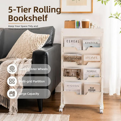 SDLP 5-Tier Rolling Bookshelf, Rolling Book carts with Wheels,Book Storage Rack,Utility Carts, Movable File Folder Organizer Cart for Home,Study,Office,Living Room,Classroom, (White, 5 Tier)