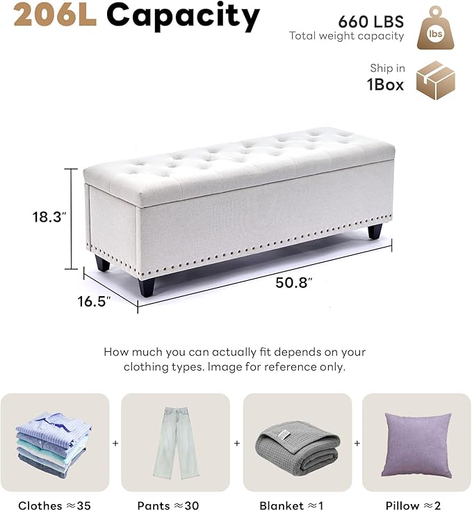 Tbfit 50.8“ Large Ottoman Storage Bench for Bedroom, Oversized Tufted Upholstered Entryway Benches End of Bed, Rectangle Dorm Foot Stool with Safety Hinge & Solid Wood Legs, Loads 660 lb, Beige
