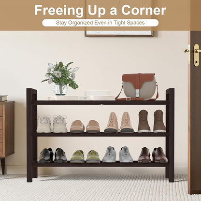 Haddockway Bamboo Shoe Rack for Closet, Free Standing Shoe Organizer with Smooth Round Rods & Convenient Handles, Stackable Shoe Storage Shelf for Entryway, Hallway(Brown, 3-Tier)