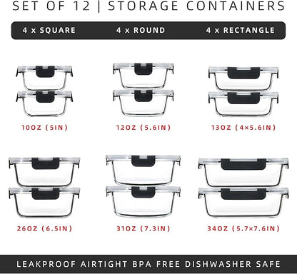 FAWLES 12 Pack Glass Meal Prep Containers with Airtight Lids, Leak-Proof Food Storage Containers, Dishwasher/Microwave/Oven/Freezer Safe Glass Containers for Lunch, Leftovers, to Go (Grey)
