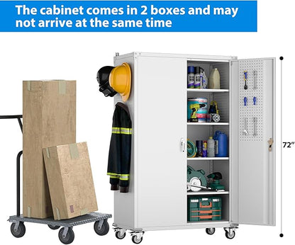 Aobabo Upgraded Wide & Deep Garage Storage Cabinet with Wheels, Metal Storage Cabinet with Door Pegboards and 2 Rod for Garage Home Storage (White, 43.3''W x 21.9''D x 72''H),Required Assembly