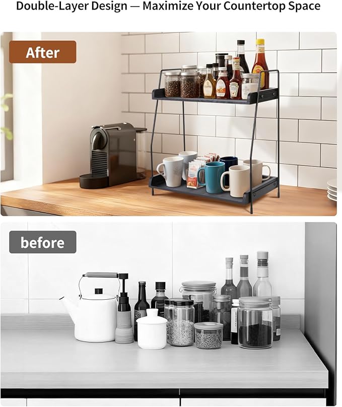 Coffee Bar Organizer for Countertop, 2-Tier Coffee Station Organizer with Metal Frame & Wooden Shelves, Coffee Accessories Organizer Rack for Pods, Syrups, Cups & Tea Bags (Black)