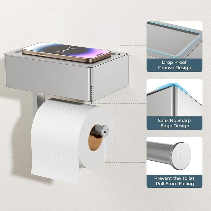 FORIOUS Toilet Paper Holder with Shelf, Sanitary Napkin Receptacle Tampon Holder, Wall Mount Toilet Paper Holder with Storage, Flushable Wipes Dispenser Fits for Bathroom Commercial(Brushed Nickel)