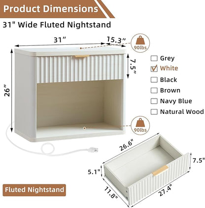 LEYAOYAO 31" Wide Fluted Nightstand Set of 2 with Charging Station, Oversized Extra Large 1 Drawer Night Stand with Golden Handle, White Wood Bedside Table Tall End Tables,for Bedroom, Living Room