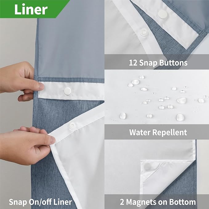 Long No Hooks Needed Linen Textured Shower Curtain with Snap-in Fabric Liner Set,Blue Grey Hotel Luxury Decor Shower Curtains for Bathroom,Waterproof & Washable,71Wx80H