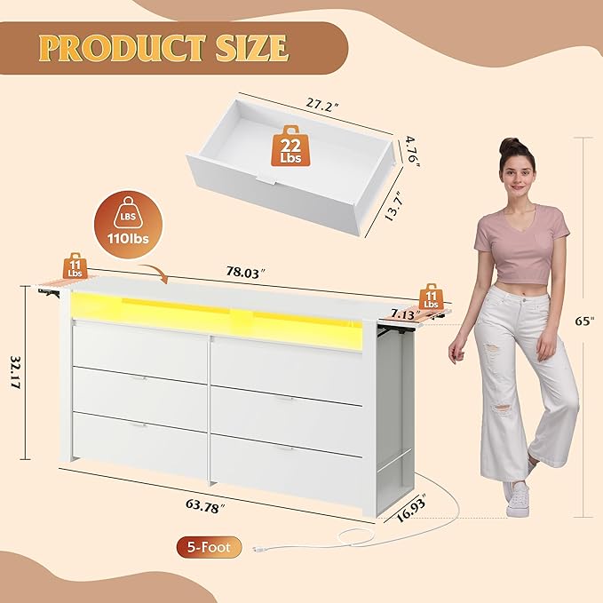 WLIVE 78 Inch LED Dresser for Bedroom, White Dresser with Charging Station, Large Chest of Drawers Expandable with Flexible Shelves and Hanging Rack, Wood Dressers for Closet, Living Room (85" TV)