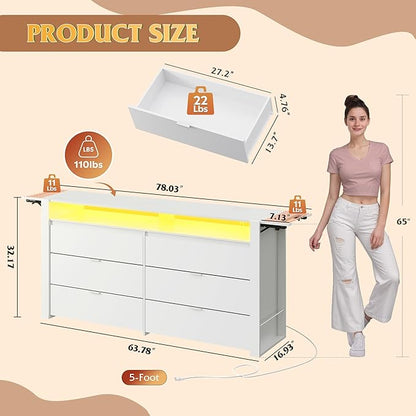 WLIVE 78 Inch LED Dresser for Bedroom, White Dresser with Charging Station, Large Chest of Drawers Expandable with Flexible Shelves and Hanging Rack, Wood Dressers for Closet, Living Room (85" TV)