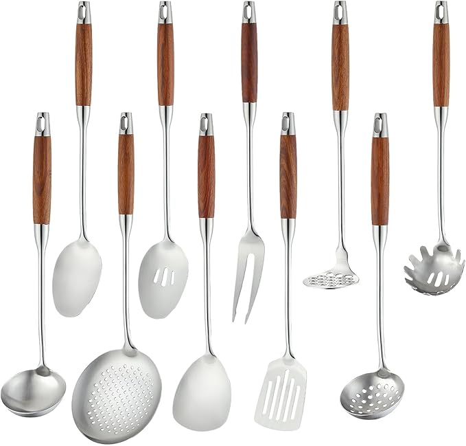 18/10 Stainless Steel Kitchen Utensils Set with Wood Handle Metal Cooking Utensils Set 10 Piece - Spatula, Spoon, Ladle, Skimmer, Slotted Turners, Pasta,Turner, Ladl, Fork