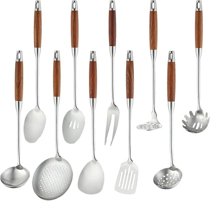 18/10 Stainless Steel Kitchen Utensils Set with Wood Handle Metal Cooking Utensils Set 10 Piece - Spatula, Spoon, Ladle, Skimmer, Slotted Turners, Pasta,Turner, Ladl, Fork
