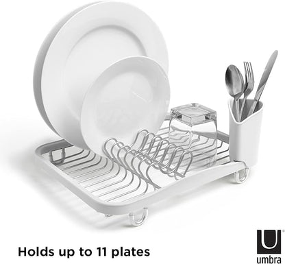 Umbra Sinkin Dish Drying Rack – Drainer Caddy with Removable Cutlery Holder – Use in Sink or On Counter, Standard, White/Nickel