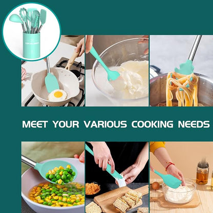 Silicone Cooking Utensil Set, Umite Chef 15pcs Silicone Cooking Kitchen Utensils Set, Non-stick - Best Kitchen Cookware with Stainless Steel Handle - Green