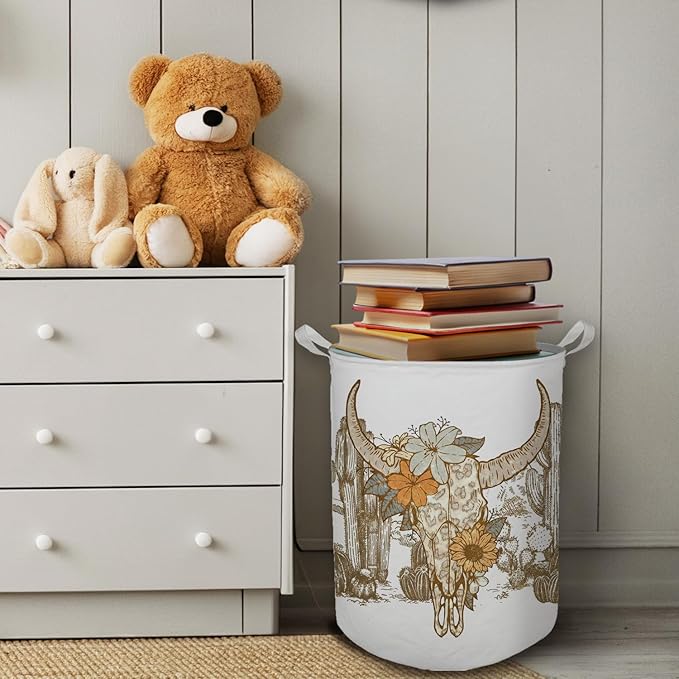 Western Laundry Basket, Vintage Western Floral Bull Skull Waterproof Collapsible Laundry Hamper Dirty Clothes Storage Toy Bin Organizer for Western Bathroom Bedroom, Western Home Decor