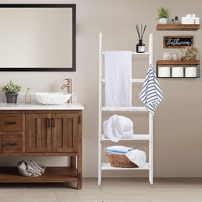 Honest Blanket Ladders for the Living Room, 5-Tier Blanket Holder, Wall-Leaning Blanket Rack, Ladder Shelves, Wooden Quilt Ladder, Farmhouse Decor, White