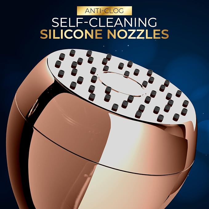 High Pressure Shower Head - Powerful Deluxe Bathroom Showerhead with Strong Spray Stream and Small Silicone Nozzles - Universal Fit Works with High and Low Water Flow Showers 1.8 GPM - Rose Gold