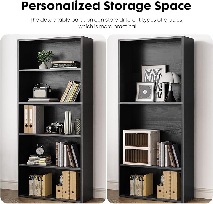 Sweetcrispy Industrial 5 Shelf Bookcase - Large 53 Inch Tall Floor Standing Open Bookshelf with Anti-Tipping Device for Home Office, Living Room, and Bedroom Storage, Black
