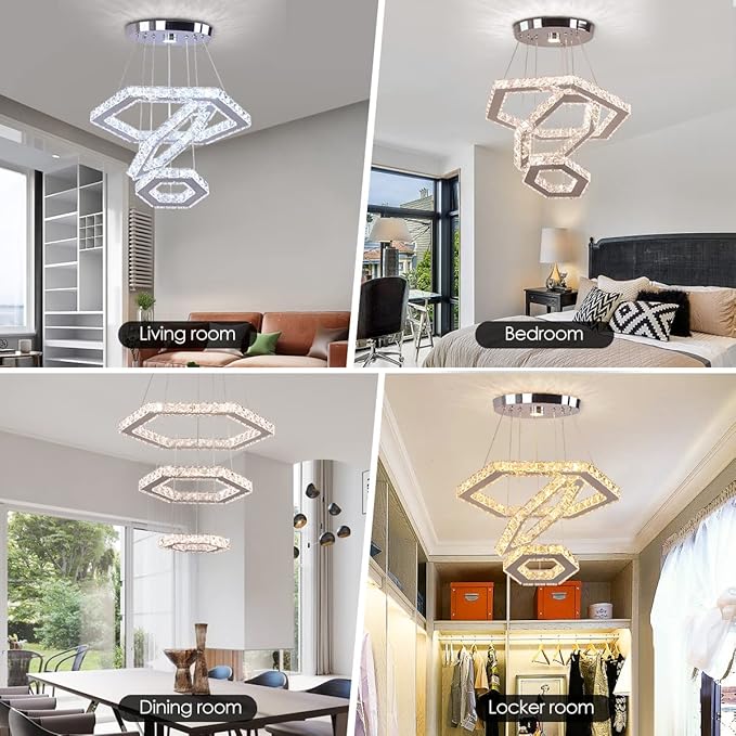 LED Chandeliers Dimmable Crystal Chandelier 3 Rings Modern Pendant Light Adjustable Stainless Steel Ceiling Light Fixture for Dining Room Bedroom Living Room