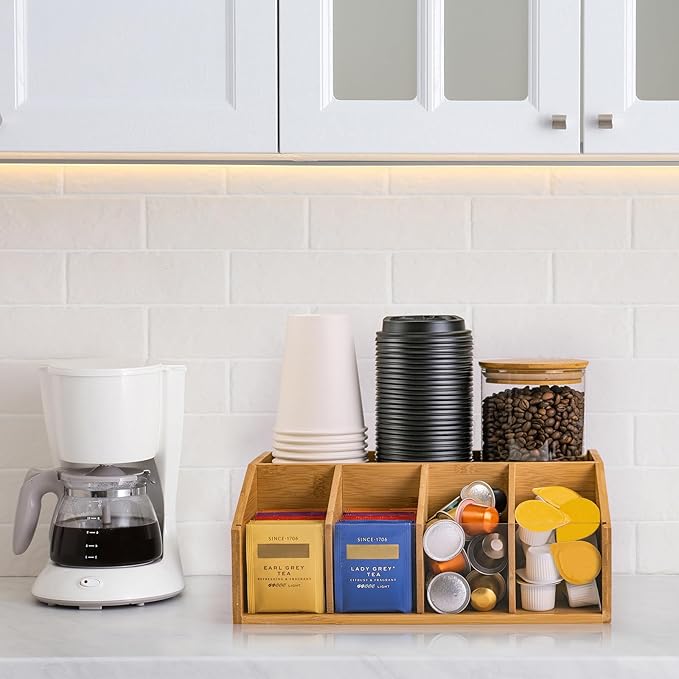 Bamboo Coffee Station Organizer for Countertop, Coffee Bar Accessories Organizer with 5 Compartments for Tea Bags Condiment, Pods, Creamer, Syrup, Cups