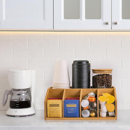 Bamboo Coffee Station Organizer for Countertop, Coffee Bar Accessories Organizer with 5 Compartments for Tea Bags Condiment, Pods, Creamer, Syrup, Cups