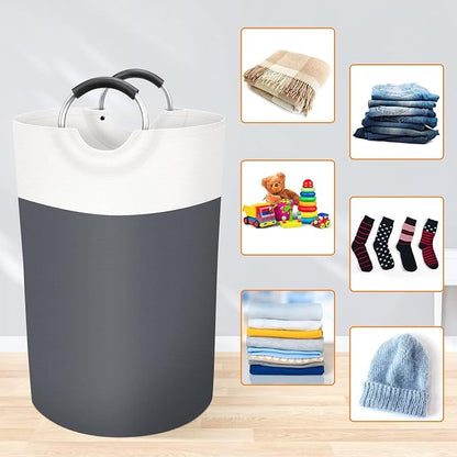 BlissTotes 75L Laundry Basket, Freestanding Laundry Hamper, Collapsible Dirty Clothes Hamper, Waterproof Fabric with Foam Protected Aluminum Handles for College, Dorm, Family (Gray)