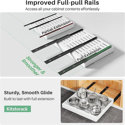 Pull out Cabinet Organizer, Wider Expandable(14"-24") Heavy Duty Slide out Drawers Fixed with Adhesive Nano Film for Pots, Roll out Shelf Storage for Kitchen Cabinet Organization(White-1pc)(3 Rails)