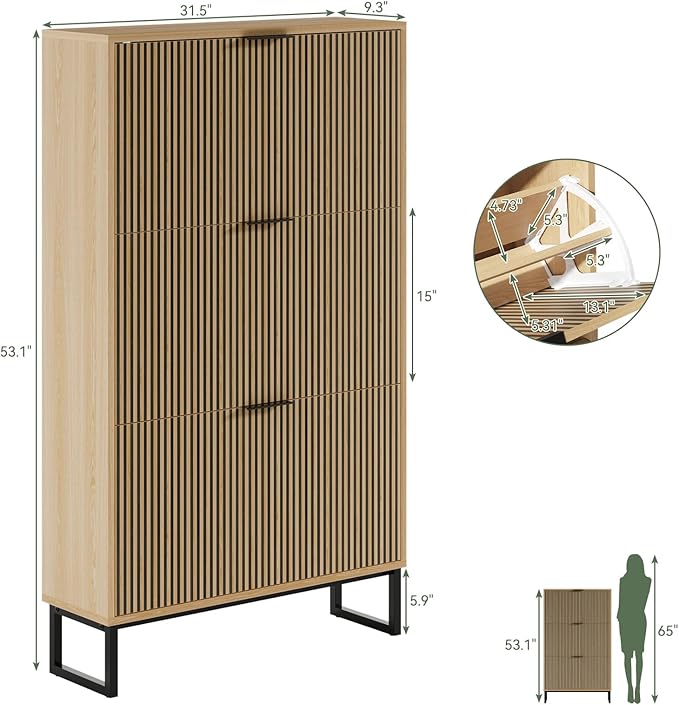 Shoe Cabinet Storage with 3 Flip Drawers, Shoe Organizer Cabinet for Entryway, Modern Freestanding Hidden Shoe Rack Organizer Shoe Cupboard for Hallway, Natural Wood