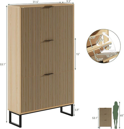 Shoe Cabinet Storage with 3 Flip Drawers, Shoe Organizer Cabinet for Entryway, Modern Freestanding Hidden Shoe Rack Organizer Shoe Cupboard for Hallway, Natural Wood