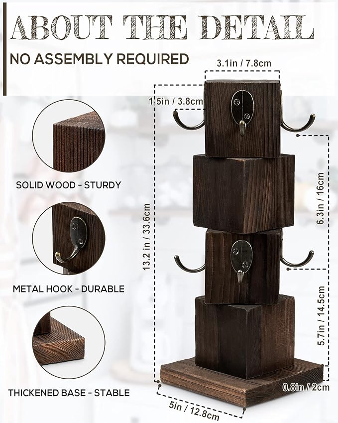 PUERSI Coffee Mug Holder for Counter, Rustic Solid Wood Mug Tree, Farmhouse Wooden Coffee Cup Rack with 8 Hooks (Rustic Brown)