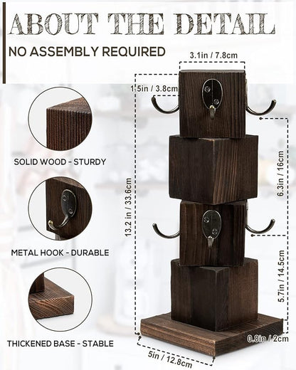 PUERSI Coffee Mug Holder for Counter, Rustic Solid Wood Mug Tree, Farmhouse Wooden Coffee Cup Rack with 8 Hooks (Rustic Brown)