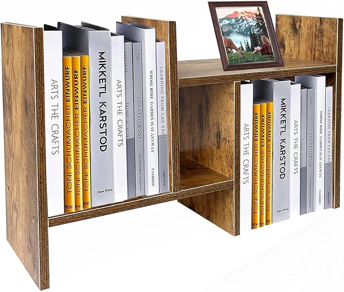 Meikuler Desktop Shelf Organizer, Adjustable Wood Display Desk Shelf, Office Storage Rack Tabletop Bookshelf Multipurpose Shelves for Home Decor, Office, Gifts (Brown)