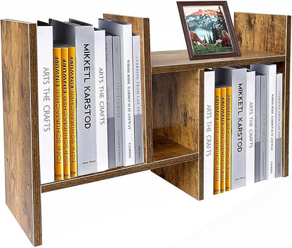 Meikuler Desktop Shelf Organizer, Adjustable Wood Display Desk Shelf, Office Storage Rack Tabletop Bookshelf Multipurpose Shelves for Home Decor, Office, Gifts (Brown)