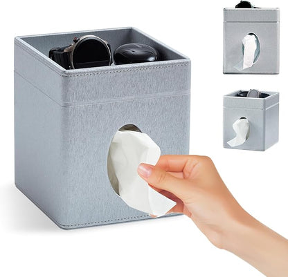 Cloudever Tissue Box Holder Cover, Modern PU Leather Square Decorative Tissue Holder Organizer-Woven New Off White