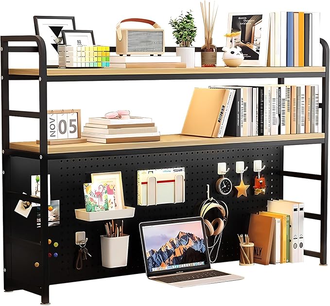 FPIGSHS Desk Hutch Shelf Dorm 2 Tier Countertop Desktop Bookshelf with Pegboard,Metal/MDF Desk Top Bookcase for Computer Desk, Desk Storage Organizer Rack for Office Home Dormitory (Black, 43.3in)