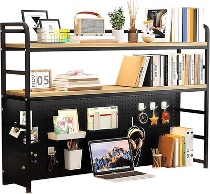 FPIGSHS Desk Hutch Shelf Dorm 2 Tier Countertop Desktop Bookshelf with Pegboard,Metal/MDF Desk Top Bookcase for Computer Desk, Desk Storage Organizer Rack for Office Home Dormitory (Black, 43.3in)
