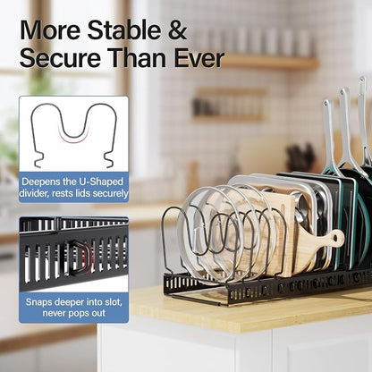 ORDORA Pots and Pans Organizer under Cabinet with Pot Lid Organizer, Expandable Rack for Pan and Pot Organizers Inside Cabinet, 11.8"-22.8" Adjustable with 14 Dividers for Kitchen Organization, Black