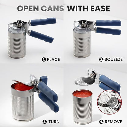 Zulay Kitchen Heavy Duty Stainless Steel Can Opener Manual with Bottle Opener - Rust Proof Manual Can Opener With Turn Knob & Comfy Soft Grip Handles - Blue