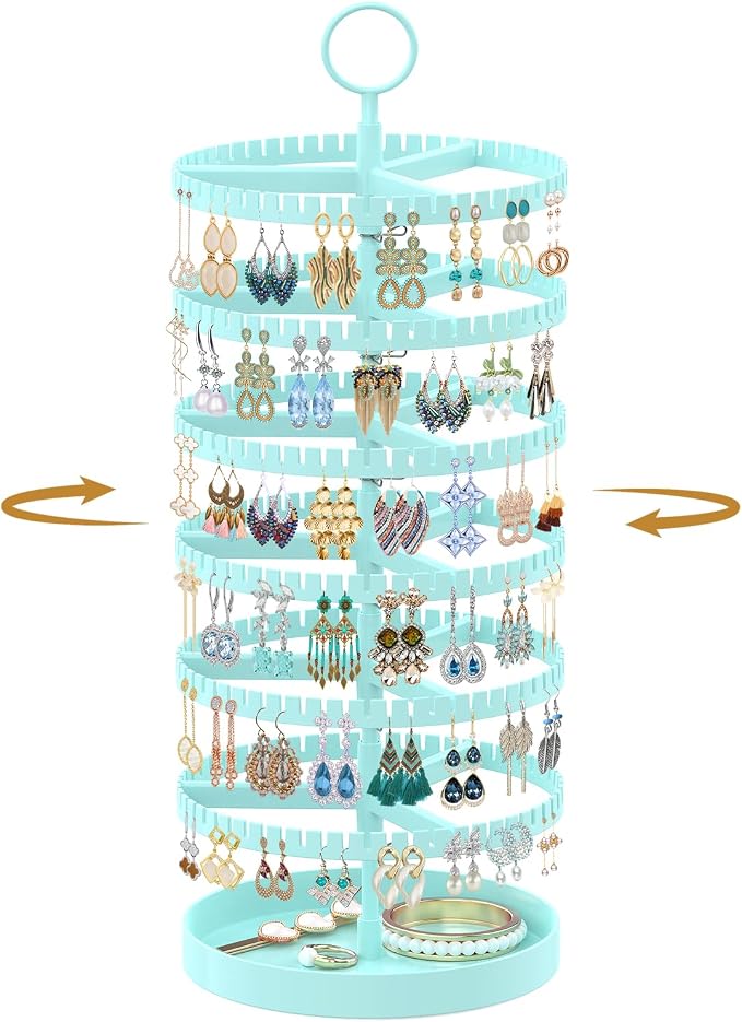 MODOWEY 6 Tier Rotating Earring Holder Organizer Display Tree with Metal Tray, Adjustable Plastic Stand with 342 Slots for Stud Hoop Hanger, Large Capacity Storage Rack for Women Space-Saving, Blue