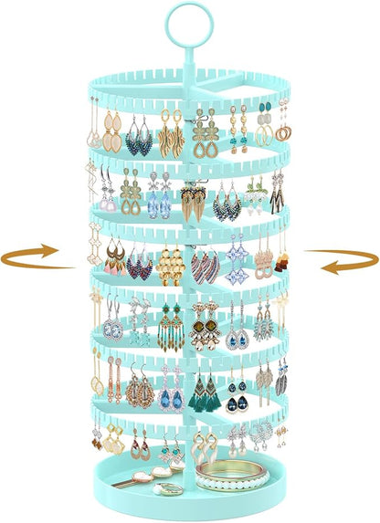 MODOWEY 6 Tier Rotating Earring Holder Organizer Display Tree with Metal Tray, Adjustable Plastic Stand with 342 Slots for Stud Hoop Hanger, Large Capacity Storage Rack for Women Space-Saving, Blue