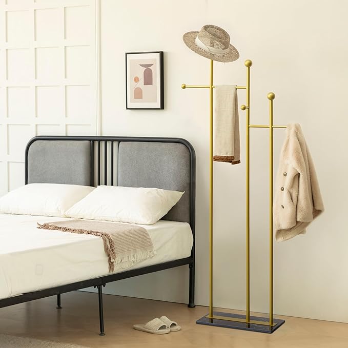 Standing Coat Rack with Marble Base Heavy Duty Clothes Hanger Rack Metal Coat Tree for Clothes Hats Scarfs Purses 19.69 x 11.02 x 68.9 Inches (Gold)