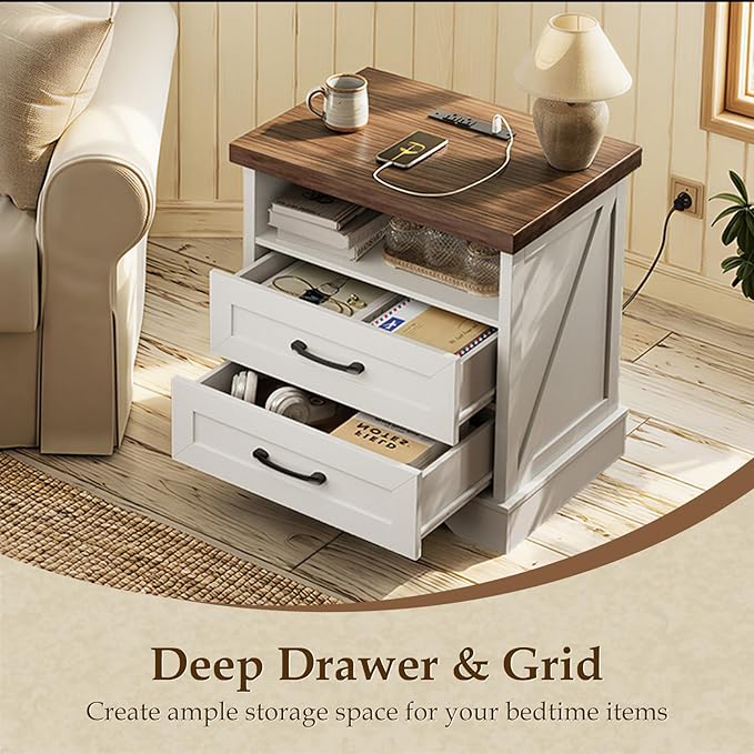 AODK 24 Inch Farmhouse Nightstand with Charging Station, Wood Bedside Table with 2 Drawers and Open Shelf, Rustic End Table with Outlet and USB, White & Dark Walnut