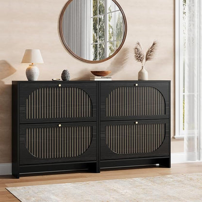 Nicetree Arch-Chic Shoe Cabinet for Entryway, Modern Mid-Century Shoe Storage Cabinet with Fluted, Narrow Shoe Rack with Adjustable Shelves & Tipping Protection, Fits Size 12 Shoes,Black