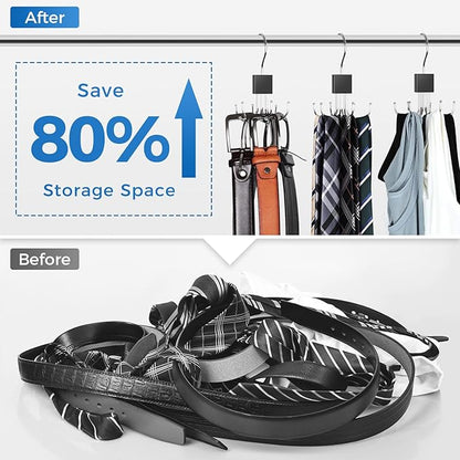 4 Pack Belt Hanger, Belt Organizer for Closet 360° Rotatable Max 24 Belt Storage Space Saving Closet Organizers and Storage Black