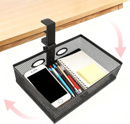 Under Desk Organizer with 360° Swivel, Clamp-On No Drill Installation, Sturdy Mesh Storage Drawer for Home Office, Pencils, Art Supplies and More (Black)