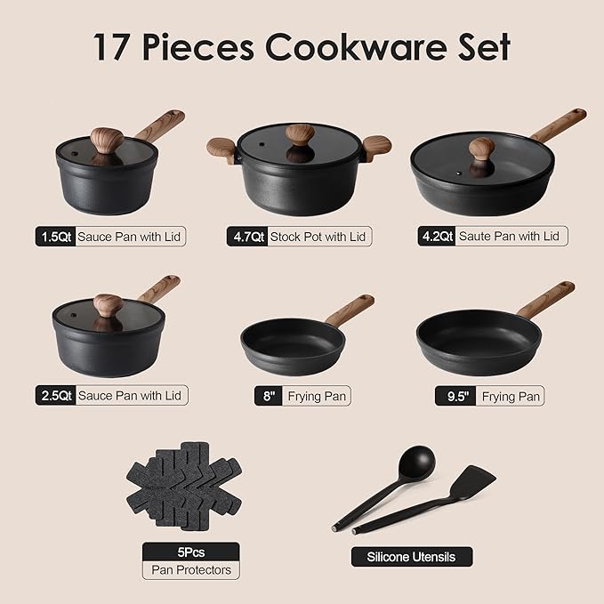 SENSARTE Nonstick Pots and Pans Set 17pcs, Healthy Induction Cookware Set, Kitchen Cooking Set with Skillets & Saucepans, Stay-cool Handles, Dishwasher Safe, PFOA PFOS Free, Matte Black