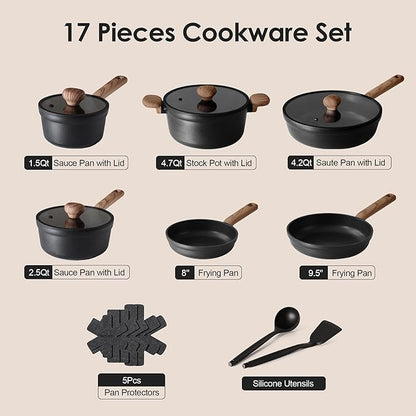 SENSARTE Nonstick Pots and Pans Set 17pcs, Healthy Induction Cookware Set, Kitchen Cooking Set with Skillets & Saucepans, Stay-cool Handles, Dishwasher Safe, PFOA PFOS Free, Matte Black