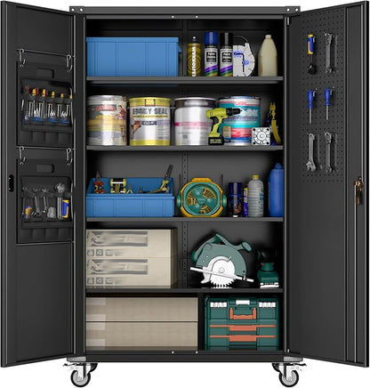 Aobabo Upgraded Wide & Deep Garage Storage Cabinet with Wheels, Metal Storage Cabinet with Door Pegboards and 2 Rod for Garage Home Storage (Black, 43.3''W x 21.9''D x 72''H),Required Assembly