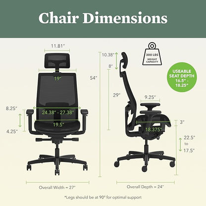 HON Ignition 2.0 Ergonomic Office Chair with Headrest, Adjustable Tilt, Swivel Wheels, Comfy for Long Hours, Home Office Desk Chairs, Black