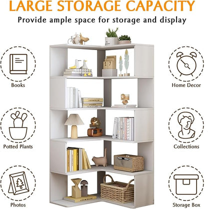 IOTXY 6-Tier L-Shaped Corner Bookshelf - 66" Tall Wooden Freestanding Bookcase with Open Shelf Units, White