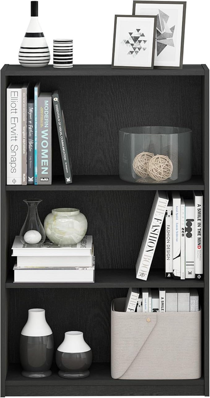 Furinno Jaya Book Shelf, 3-Tier Bookshelf, Bookcase with Adjustable Shelves, 9.5 x 24.5 x 40.3, for Living Room, Bedroom, Home Office, Blackwood