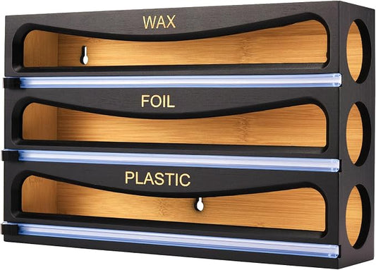 Bamboo Wrap Dispenser with Cutter, Plastic Wrap Organizer, Aluminum Foil Organization, and Wax Paper Dispenser Holder for Kitchen Drawer and Wall, Compatible with 12" Roll (01 Black)